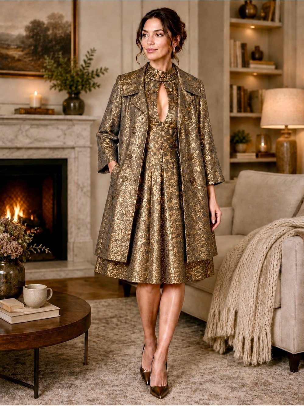 Nanette Lepore Metallic Gold & Bronze Brocade Fit-& Flare Dress Matching Coat 2